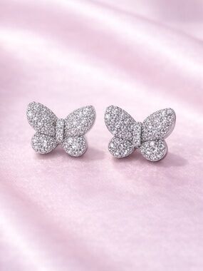 Sterling Silver 925 Pave Crystal Butterfly Stud Earrings in Silver